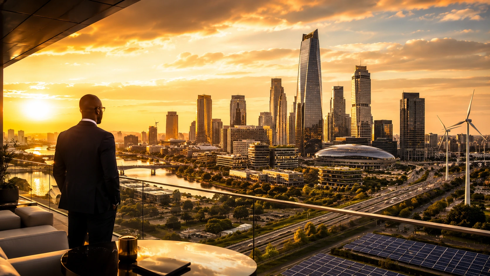 Luxury African city infrastructure at golden hour